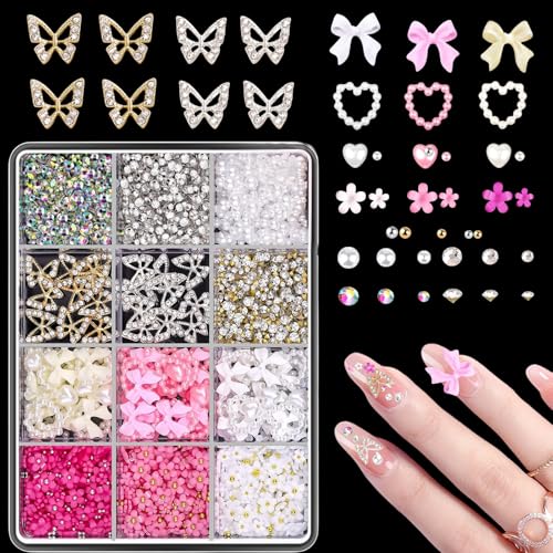 3D Nageldekorations Sets, Herz Schleifen Blumen Nagel Charms, Schleifenknoten Nagelstecker Strasssteine für Manicure DIY Crafts Jewelry Accessories (MIX-F) von Suxgumoe