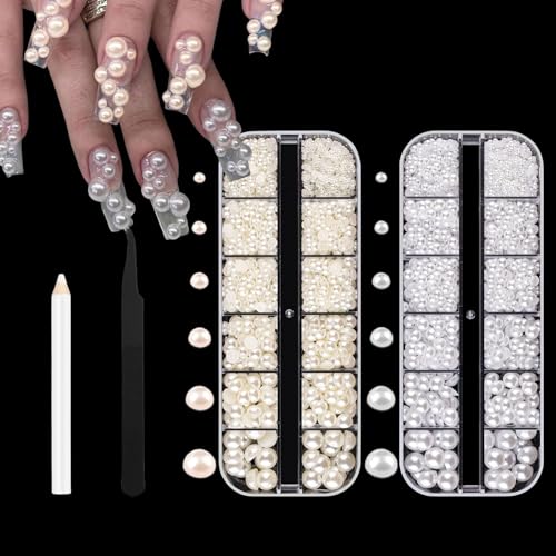 4000 Stück Nägel Perlen, Weiß Beige Flache Rückseite Nagelkunst Edelsteine mit Pinzette und Stift, Nagelperlen Nagelzubehör Diamanten für Nägelkunst Dekorations von Suxgumoe