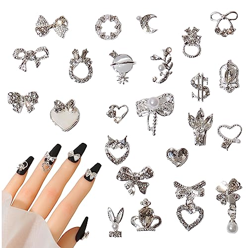 Luxus Silber Nagel Charms, 24 Stück Legierung Nailart Anhänger 3D Herz Kaninchen Bogen Blume Nägel Schmuck Metall Nagel Schmuck Strasssteine für DIY Nail Art Zubehör Frauen nägel Deko von Suxgumoe