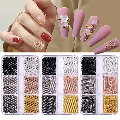 Mikrokaviar Perlen, 3 Schachteln 3D Nagelkunst Dekorationen, Nagelkunst Perlen Metall Edelsteine Nagelkunst Charms für DIY Nägel Zubehör, Schmuckherstellung (1,5 mm, 2 mm, 3 mm) von Suxgumoe