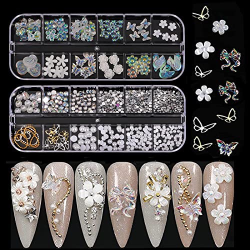 Nagel Strasssteine und Perlen, 2 Boxen 3D Nagelkunst Schmuck Aurora Schleifen Schmetterling Blumen Nail Charms, Nagelperlen Strasssteine Edelsteine für Nagelkunst Dekoration von Suxgumoe