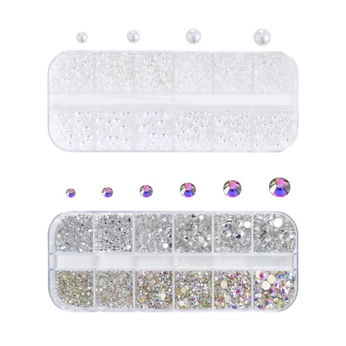 Nagel Strasssteine und Perlen, 2 Boxen Flache Rückseite Transparent AB-Kristall Nagelkunst Strasssteine Edelsteine Weiße Nagelperlen Nagelzubehör Diamanten für Nägelkunst Dekorations von Suxgumoe