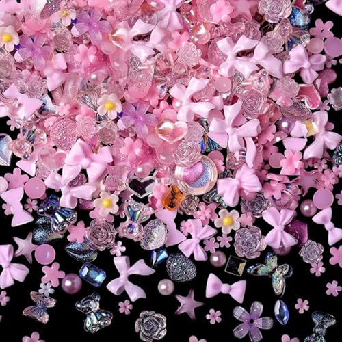 Nail Art Dekoration, 400 Stück Nägel Strasssteine 3D Nail Art Charms, Herz Bär Schmetterlings Schleife Nagel Schmuck für Mädchen Frauen DIY Nagel Dekor (Pink) von Suxgumoe