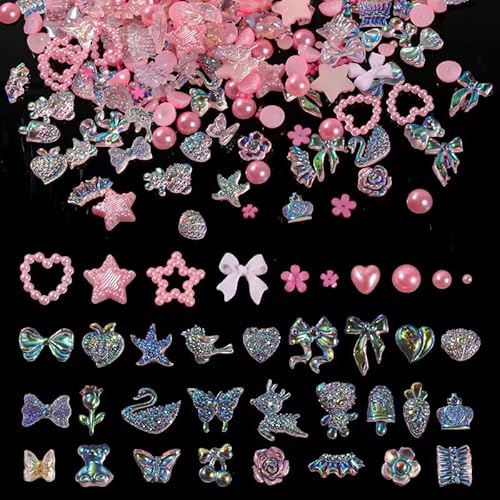 Nail Art Dekoration, 400 Stück Nägel Strasssteine 3D Nail Art Charms, Herz Bär Schmetterlings Schleife Nagel Schmuck für Mädchen Frauen DIY Nagel Dekor (Rosa) von Suxgumoe