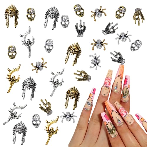 Schädel Nagel Kunst Charms, 30 Stück Metall Punk Nail Art Strass, Legierung Herz Schädel Spinne Nagel Kunst Dekorationen für Halloween Party Versorgung Nägel DIY Dekoration (Gold Silber) von Suxgumoe