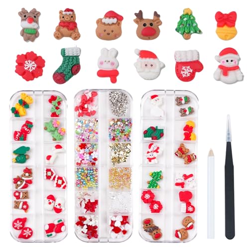 Weihnachten Nagel Charms, 3 Boxen schneeflocken Weihnachtsbaum Weihnachtsmann Socken Elch Nagel Edelsteine, Schleife Herz Nail Stresssteine für DIY Maniküre Nagelkunst Salon Dekoration von Suxgumoe