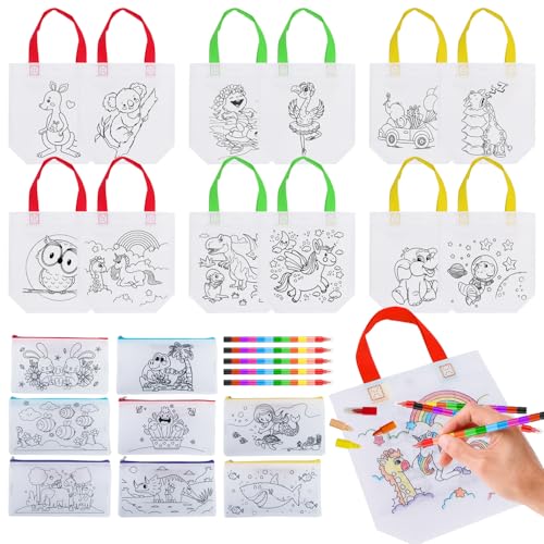 14 Stück Stoffbeutel zum Bemalen Stofftaschen zum Bemalen Taschen zum Bemalen für Kinder Beutel zum Bemalen für Kinder Taschen Bemalen Kindergeburtstag Diy Graffiti Non-Woven 12 Farbe Buntstifte von Suynauetev