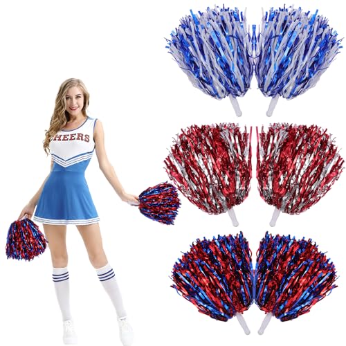 6 Stück Cheerleader Pompons Cheerleader Pompons Pom Poms Cheerleading mit bunten Pompons Cheerleader mit Stiel für Sportveranstaltungen Schule Spiele(Blau und Weiß Rot und Silber Rot und Blau) von Suynauetev