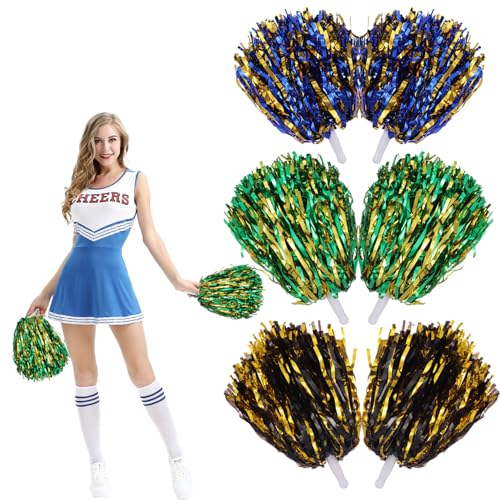 6 Stück Cheerleader Pompons Cheerleader Pompons Pom Poms Cheerleading mit bunten Pompons Cheerleader mit Stiel für Sportveranstaltungen Schule Spiele Tanzpartys(Grünes Gold Schwarzes Gold Blaues Gold) von Suynauetev