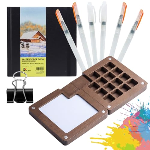 8 Stück Umfasst 6 Aquarellpinsel Skizzenbuch Aquarell 15 Grids Mini Holz Reise Malpalette Nano Palette Watercolor Skizzenbuch Palette aus Holz Mini Aquarell Set Aquarell Palette Reise wassermalkasten von Suynauetev