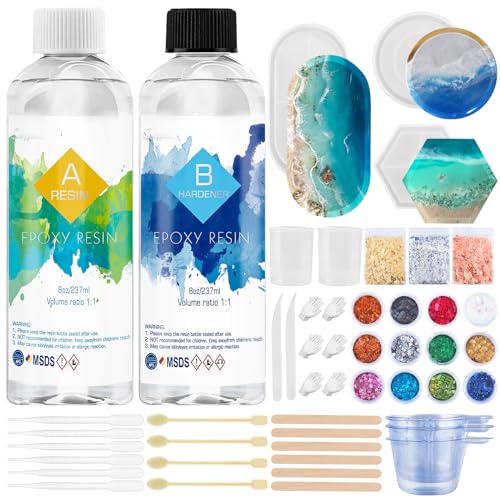 Epoxidharz Set Anfänger 474ml/16oz Glasklar Gießharz mit Untersetzerform, Epoxy resin Harz Gießen Set für Schmuckherstellung Handwerk mit 3 Goldfolien, 12 Glitzer, Messbecher und mehr von Suzzam