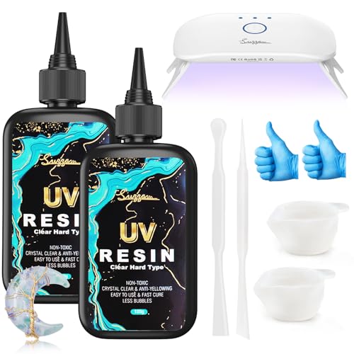 UV Resin Set mit UV Lampe, 200g UV Harz kristallklares UV epoxidharz für DIY Kunst, Schmuck, Gießen und Beschichten - Geruchsarmer Ultravioletter Harz klar von Suzzam