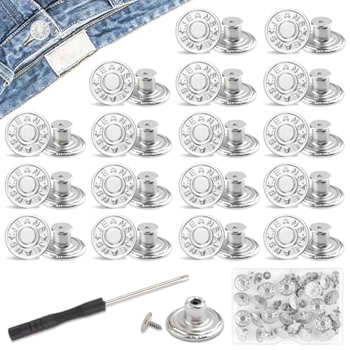 24 Stück Hosen Ersatz Knöpfe, Ø 17mm Verstellbare Jeansknöpfe mit Schraubendreher, Messing Jeansknöpfe Stecken für DIY Jeansknopf zur Reparatur von Jeans, Hose - Silber von Svalor