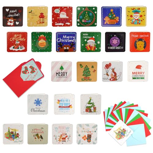 24 Stück Weihnachtskarten Set, Klein Weihnachtskarten mit Umschlag, 7x7cm Klappkarten Weihnachten, Christmas Cards mit Niedlich Muster, Blanko Grußkarten zum Schreiben, Weihnachtskarte Postkarten von Svalor