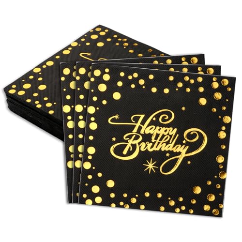 40 Stück Servietten Geburtstag, Happy Birthday Servietten Schwarz Gold, Papierservietten Tischdekoration für Junge Mädchen Geburtstag Party Feiern Deko - 33 x 33cm von Svalor