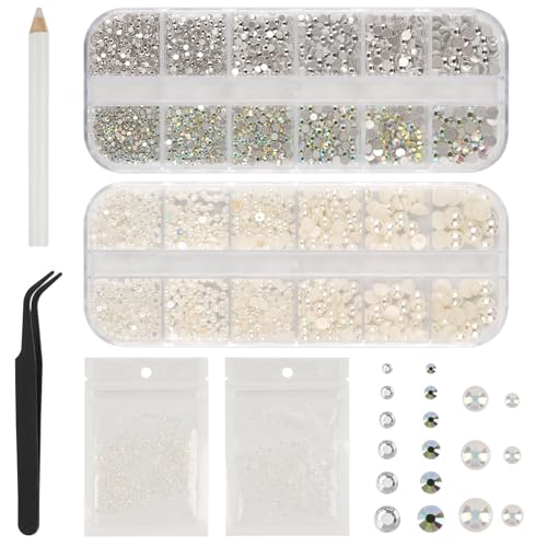 5820 Stück Strasssteine Nägel, Glitzersteine Nägel und Halbrunde Perlen, AB Kristall Rhinestones, Flatback Nagel Steine mit Pinzette und Stift für Nagel/DIY (Mehrere Größen und Farben) von Svalor