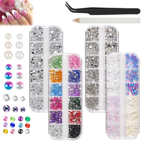 6800 Stück Strasssteine, Glitzersteine und Halbrunde Perlen Nägel Strasssteine, AB Kristall Strasssteine, mit Pinzette und Stift, Flatback Rhinestones für Nagel/DIY(Mehrere Größen und Farben) von Svalor