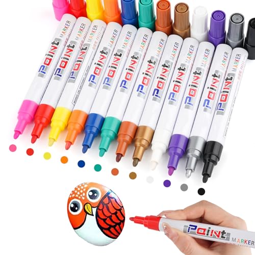 Permanent Marker Wasserfeste Stifte, 12 Pcs Bunt Lackstift Stifte, Schnell Trocknend Glasstift, Permanent Lackmarker Set für Kunststoff, Karton, Holz, Metall, Leinwand von Svalor