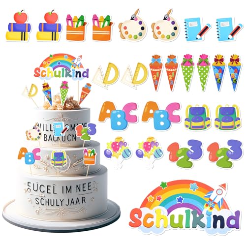 Tortendeko Einschulung, 25 Stück Schulanfang Tortendeko, ABC 123 Schulanfang Cupcake Topper Dekorationen, Schulkind Tortendeko für Kinder Mädchen Junge Schultag Schulanfang Party von Svalor