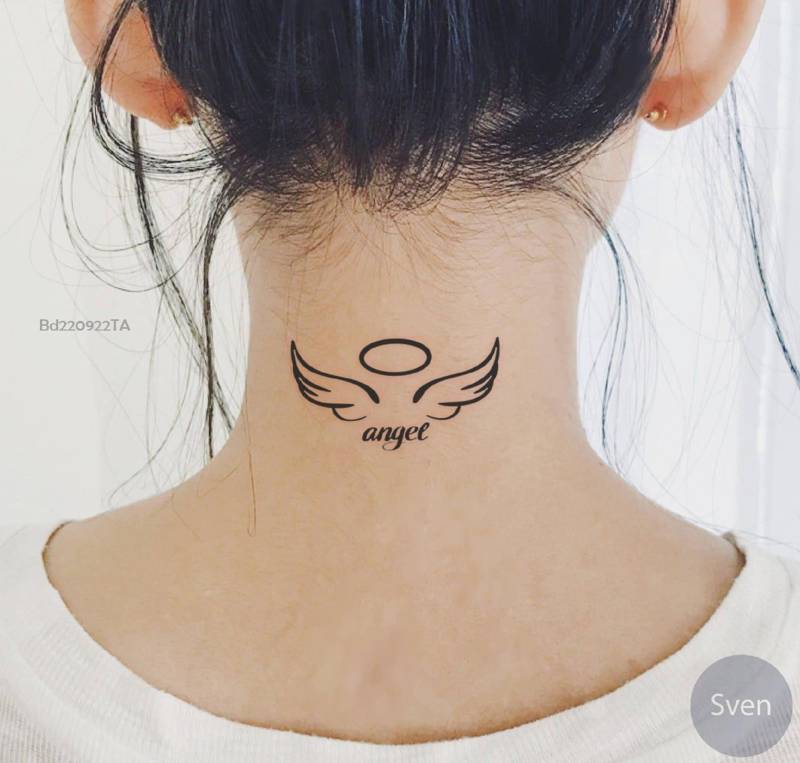 Personalisierte Engelsflügel Mit Halo Temporäres Tattoo, Engel Benutzerdefinierter Text Wasserdichtes Abnehmbares Tattoo Geschenk Für Tochter von SvenHStore