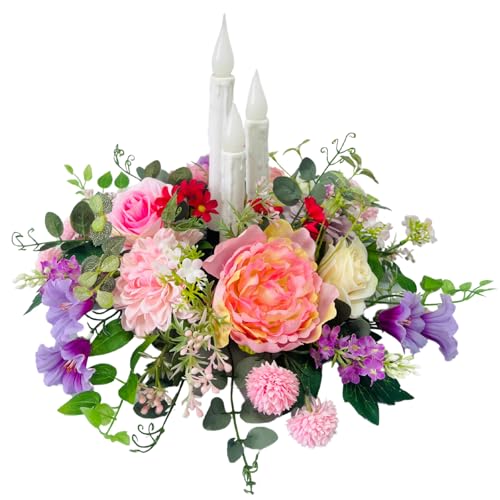 Svndlyn Blumenarrangement für den Tisch mit künstlichen Pfingstrosen, Rose, Morning Glory, kegellose Kerzen für Esszimmer, Hochzeit, alle Jahreszeiten von Svndlyn