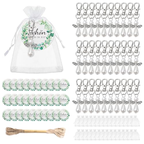 Swavitie 30 Stück Schutzengel Anhänger Gastgeschenke Hochzeit Kleine Engel Anhänger mit Organza Beutel Schön Dass Du Da Bist Geschenkanhänger Schnur für Hochzeit Kommunion Taufe Gastgeschenk - Weiß von Swavitie