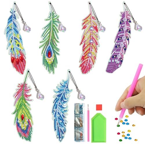 Swavitie 6 Stück Diamond Painting Federn Lesezeichen Kinder 5D Diamant Malerei Lesezeichen Anhänger DIY Diamond Painting Bookmarks Bastelset Geschenk für Erwachsene Mädchen ab 5 Jahre von Swavitie