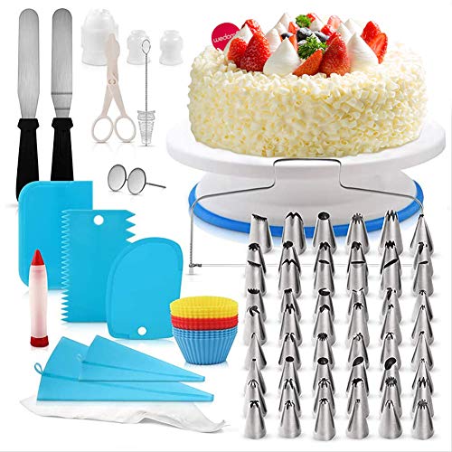 Rmine 106Pcs Tortenplatte Drehbar Set,Kuchenteller, Edelstahldüsen,Spritzbeutel, Blumennägel,Koppler, Modellierwerkzeug für Torten Deko Backzubehör von Swbburichy