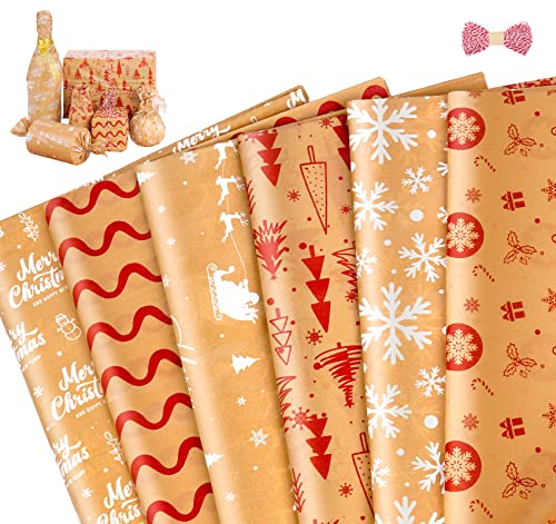 Sweelov 120 Blatt Weihnachtliches Seidenpapier Kraftpapier Geschenkpapier mit 30M Bindfäden für Basteln Verpacken Dekorieren, 50x35cm, 6 Muster von Sweelov