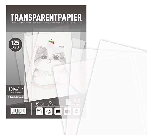 Sweelov 125 Blatt Transparentpapier Papier Transparent bedruckbar DIN A4,100 g/m² Pauspapier zum Zeichnen Basteln Bedrucken Premium Qualität von Sweelov