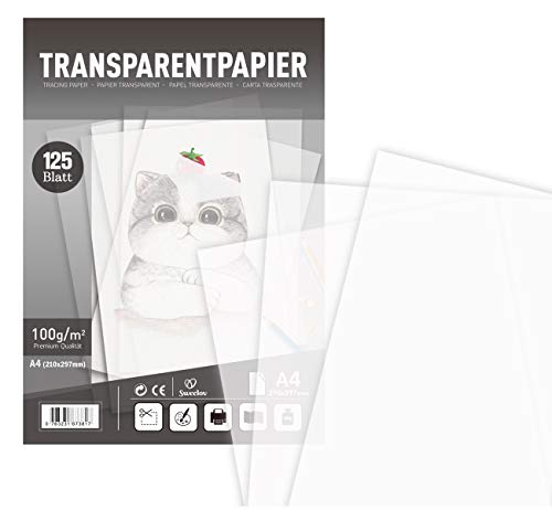 Sweelov 125 Blatt Transparentpapier - DIN A4 Pauspapier & Bedruckbar, 100g/m² - Premium Transparent Bastelpapier, Laternenpapier, Transparentpapier, Zeichenpapier, Architektenpapier von Sweelov