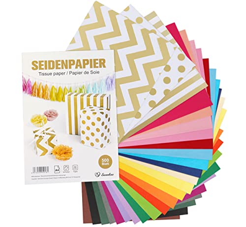 Sweelov Seidenpapier 500 Blatt, 25 Farben 16 g/qm Transparentpapier Bunt A4 für Füllmaterial Geschenk Geschenktüten, Pompoms,Basteln, Laterne, Tischdeko, Weihnachten Hochzeit von Sweelov