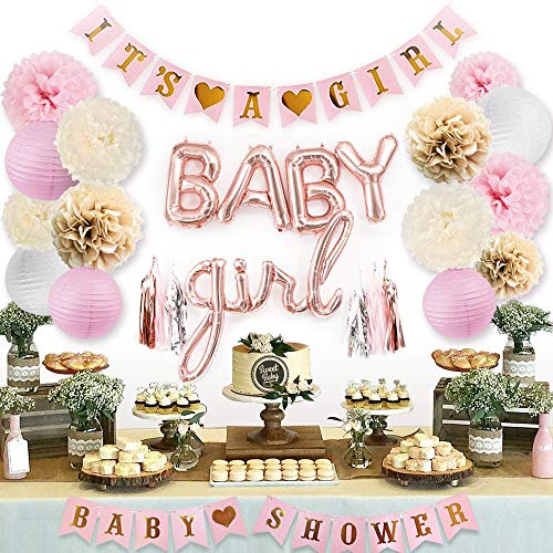 Sweet Baby Co. Rosa Babyparty-Dekorationen für Mädchen mit Its A Girl-Banner, Baby Mädchen Brief Luftballons, Blumen-Poms, Papierlaternen, Quasten (Roségold, Rosa, Elfenbein, Weiß Streuset) von Sweet Baby Company