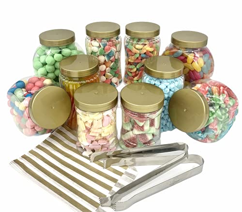 Sweet Candy Buffet Pick & Mix-Gläser, 10 Mini-Gläser mit farbigen Deckeln, 2 x Metallzange, 50 x goldfarbene gestreifte, gepunktete oder sternförmige Papiertüten (10 Gläser Mini-Set gold gestreift) von Sweet Tree Celebrations