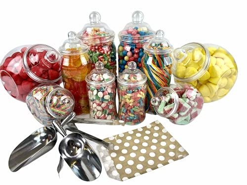 Sweet Candy Buffet Pick & Mix Gläser – Set mit 10 gemischten Gläsern mit viktorianischen Bommeldeckeln, 2 x Metallzange, Schaufeln und 100 x Papiertüten mit goldfarbenen Punkten von Sweet Tree Celebrations