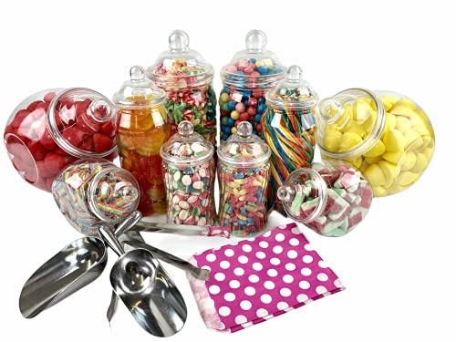 Sweet Tree Celebrations Candy Buffet Pick & Mix Gläser – Set mit 10 gemischten Gläsern mit viktorianischem Bommeldeckel, 2 x Metallzange, Schaufeln und 100 x rosa gepunktete Papiertüten von Sweet Tree Celebrations