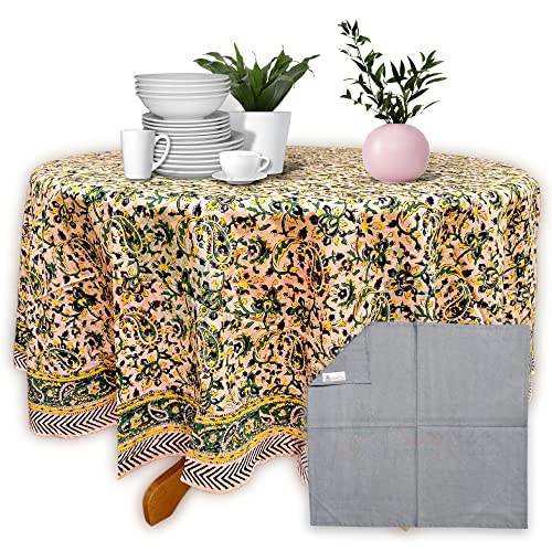 Sweet Us Blockdruck Tischdecke für runde Tische und ein Servietten-Set, Baumwolle Paisley Love Floral Küche Esstisch Tischdecke Tischdecke für drinnen und draußen, schwarz, grün, gelb, 183 cm rund von Sweet Us