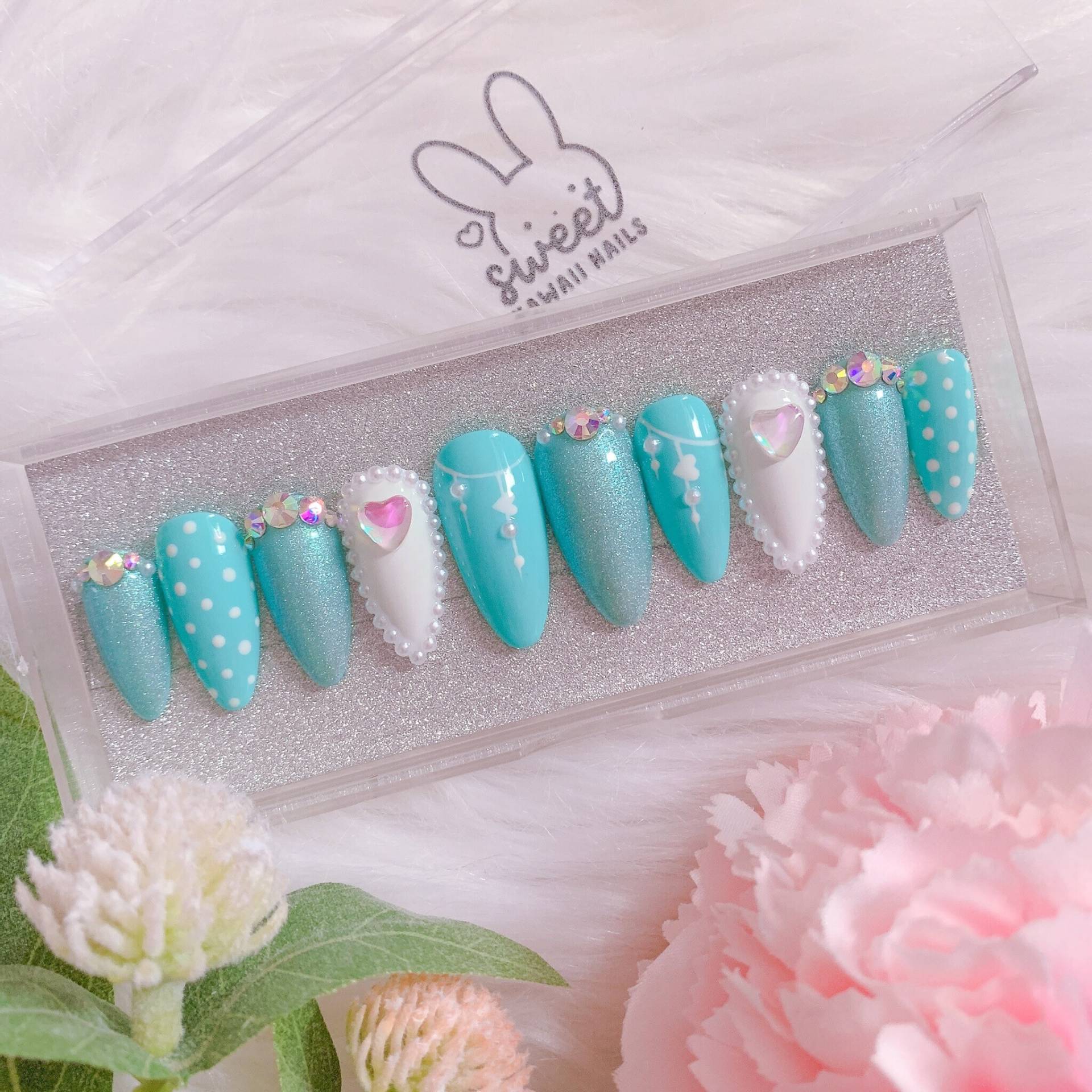 Teal Sweet Hearts Press-On Nails von SweetKawaiiNails