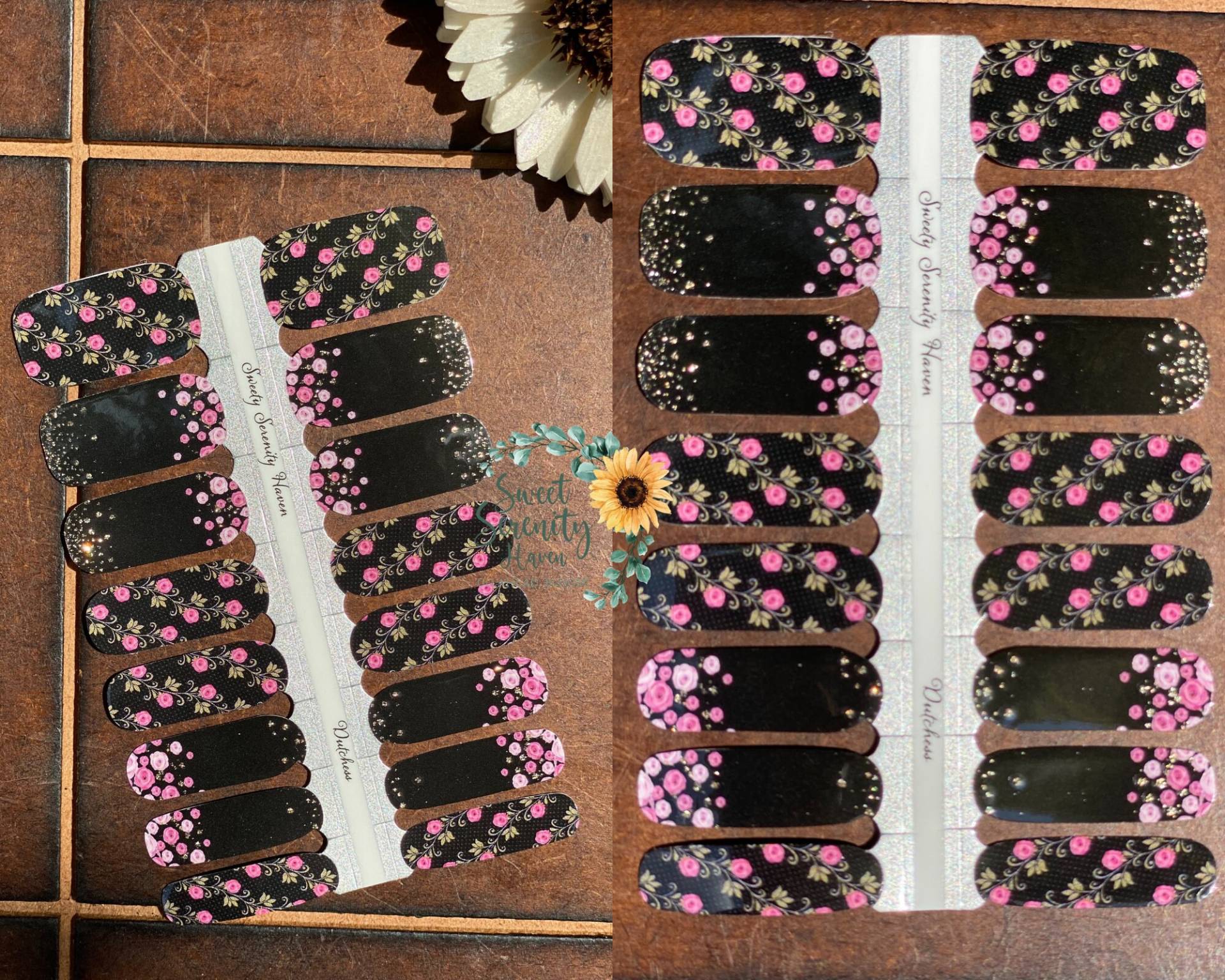 Dutchess Nail Polish Wraps; Schwarze Und Pinke Nagelstreifen; Glänzend; Rose Blume Art; Florales Design von SweetSerenityHaven