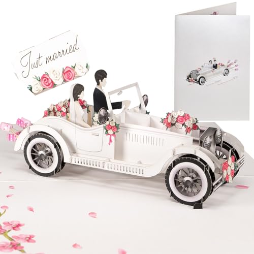 Sweetpopup® 3D Hochzeitskarte Pop Up Karte Glückwunsch zur Hochzeit Just Married Geschenkkarte | Premium Silber-Metallic-Papier | Klappkarte Hochzeitsauto & Brautpaar, 057 von Sweetpopup