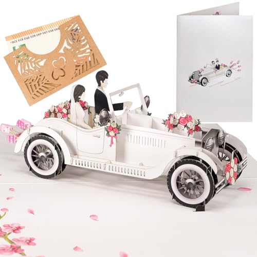 Sweetpopup® 3D Hochzeitskarte Pop Up Karte zur Hochzeit Glückswunsch Just Married Geschenkkarte | Premium Metallic-Papier | Klappkarte Hochzeitsauto & Brautpaar, 057 - G von Sweetpopup