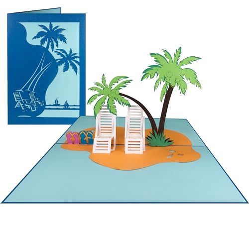 Sweetpopup® 3D Pop Up Karte Glückwunschkarte Geburtstagskarte Geschenkkarte Gutscheinkarte Strandurlaub | Filigran Handgemacht | Klappkarte Palme & Strandliegen, 024 von Sweetpopup