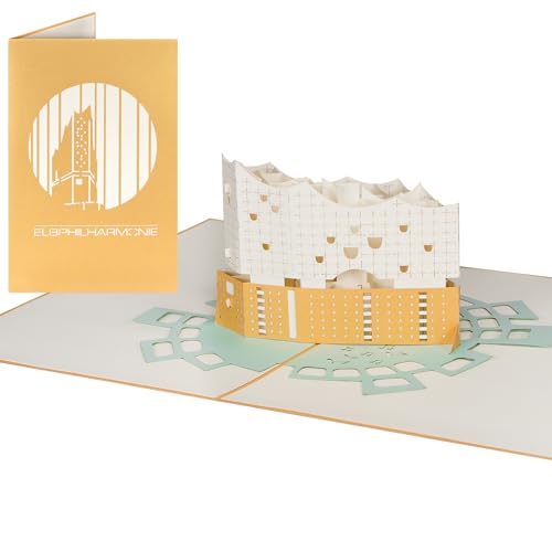 Sweetpopup® 3D Pop Up Karte Glückwunschkarte Geburtstagskarte Grußkarte Reisegutschein Urlaub Hamburg Architektur Konzert Musik | Premium Gold-Metallic-Papier | Klappkarte Elbphiharmonie 215 von Sweetpopup