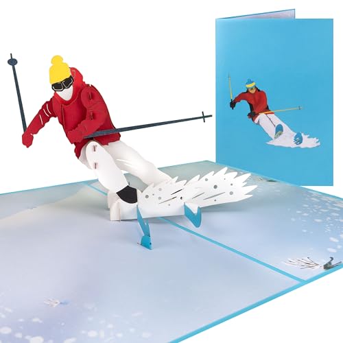 Sweetpopup® 3D Pop Up Karte Glückwunschkarte Gutscheinkarte Ski | Handgemacht & Notizkarte inkl. | Klappkarte Skiurlaub | Skifahrer 028z von Sweetpopup