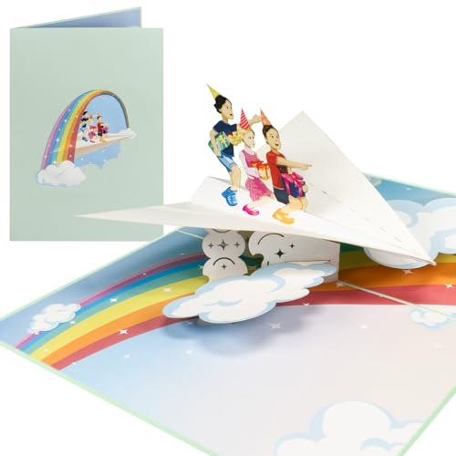 Sweetpopup [NEU] 3D Pop Up Karte Geburtstagskarte Glückwunschkarte Geschenkkarte Grußkarte Glückwunsch Kindergeburtstag | Klappkarte Regenbogen & Kinder auf Papierflieger, 101 von Sweetpopup