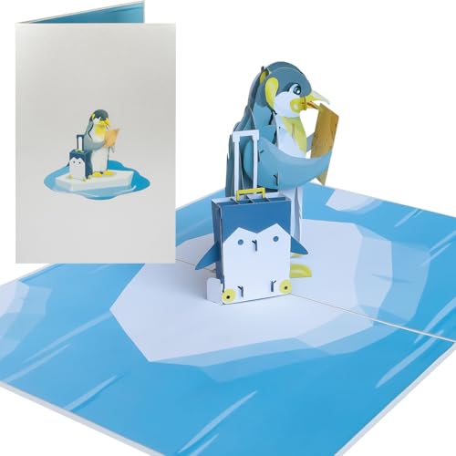 Sweetpopup [NEU] 3D Pop Up Karte Glückwunschkarte Geburtstagskarte Grußkarte Reisegutschein Geschenkkarte Reise Urlaub | Klappkarte Pinguin & Koffer, 176 von Sweetpopup