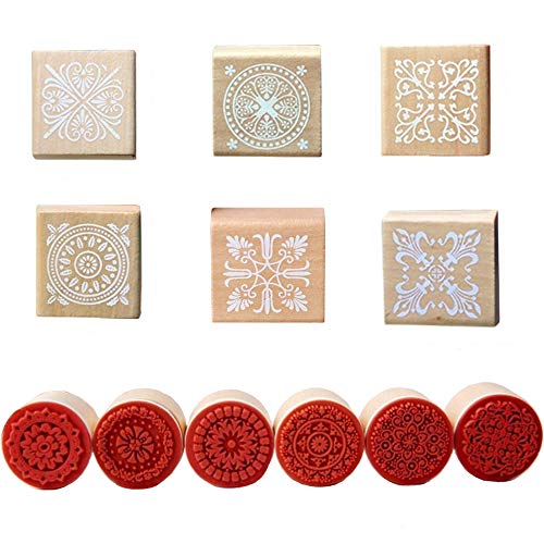 Sweieoni Holzstempel 12 Stück Quadratischen Stempeln Rund Stempel Vintage Verschiedenen Blumenmuster Stempel Ornamente Vintage Holzgriff Geformte Hölzerne Stempel für Stempel Ornamente DIY Handwerk von Sweieoni