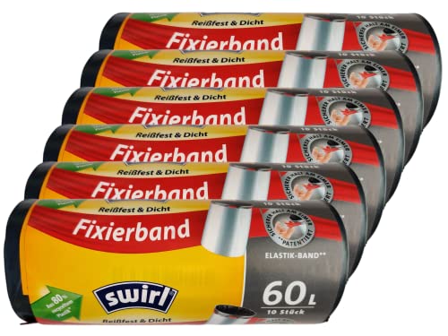 6x Swirl Fixierband Müllbeutel 60L (10 Beutel/Rolle) - 60 Liter aus recyceltem Plastik reißfest & dicht von Swirl