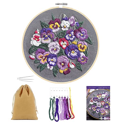 SwirlColor Sticken Set Erwachsene Anfänger mit Muster, Leinen Viola Blumen Embroidery Kit Stickerei-Set Sticken Anfänger Set Enthalten Blumenstickerei Stoff Stickrahmen Nadel Farbfäden von SwirlColor