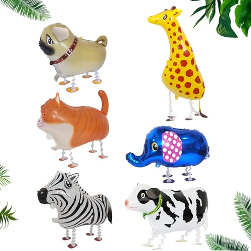 Gehende Tierballons, Lustige Airwalker Ballon Elefant Kuh Hund Katze Zebra Giraffe Folienballons für Kinder 6 Stück von SwirlColor